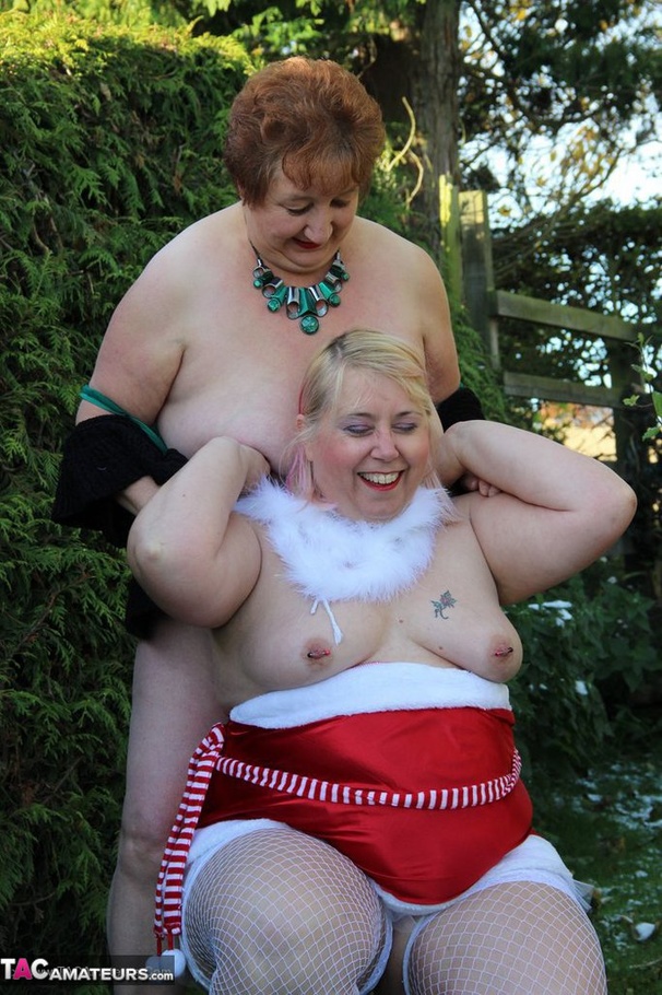 Bbw Granny Porn Canes - Bbw Grannies Teases With Their Monster Boobs And Humongous Asses In A  Garden Wearing Red And White Xmas Edition Lingerie, White Stockings And Red  High Heels And Black Blouse, Green Lingerie And