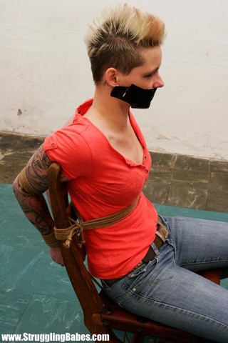 short-haired chick red t-shirt