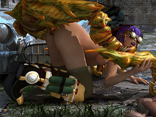 purple-haired busty hunter humped