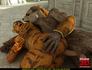 busty tigress-woman rides dog-man