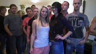blonde surrounded twenty guys