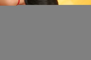 red top brunette showing