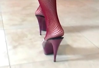 brunette red fishnet stockings